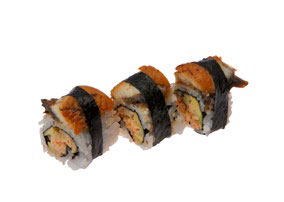 DINH-DANG ROLL mit Aal bedeckte Inside-Out mit gehackten Garnelen und Surimi mit scharfer Sauce