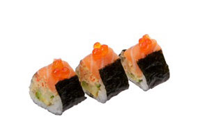 OPEN ROLL Triangeln mit Garnelen, Lachs, Avocado, Gurke, Surimi, scharfe Sauce