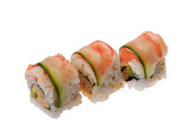 TANAKA ROLL gehackte Garnelen mit Gurke, Surimi, Avocado mit scharfer Sauce