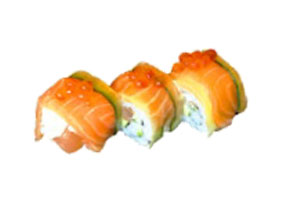 ALASKA ROLL Inside-Out mit Lachs, Avocado, Mayo und Dill im Lachs-Avocado-Mantel 