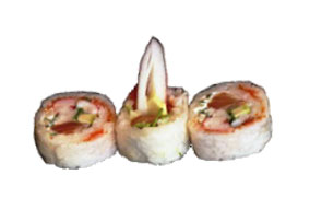 PAN ASIA ROLL Inside-Out mit Lachs, Kani, Gurke, Avocado und Mayo im Reispapier-Mantel